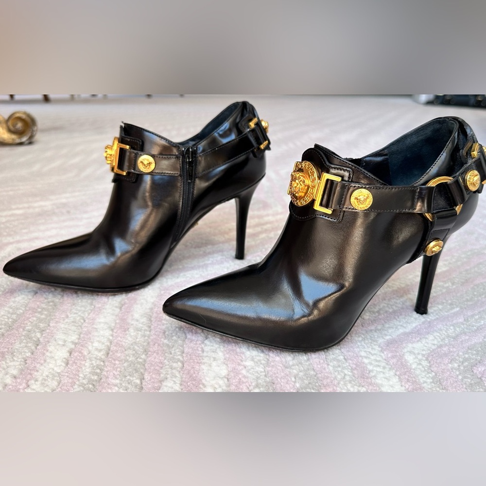 Versace Black and Gold Medusa logo High Heeled Ankle Boots